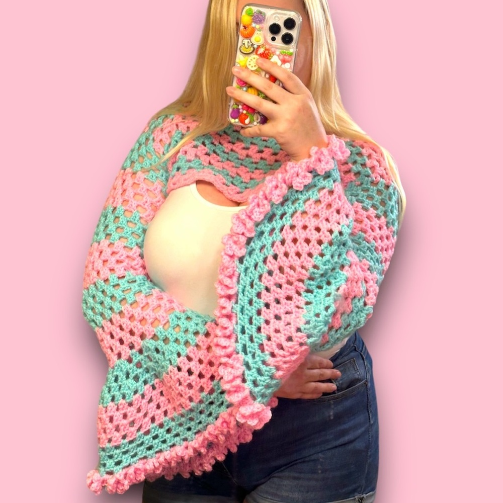 Handmade Cotton Candy / Barbie inspired Mesh Shrug with Long Wide Flower Sleeves